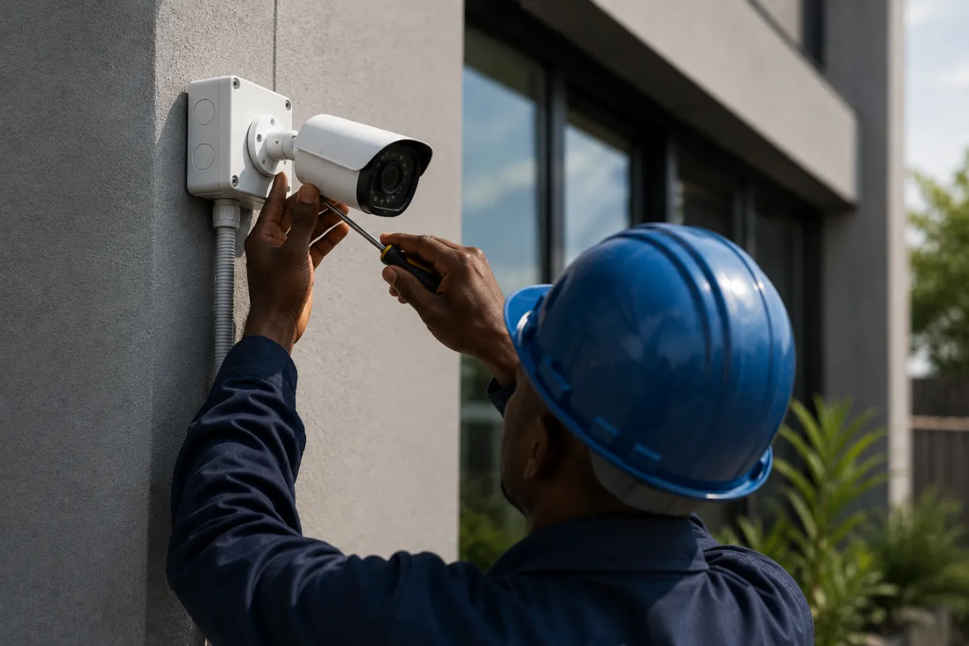Technician installing an IP CCTV camera