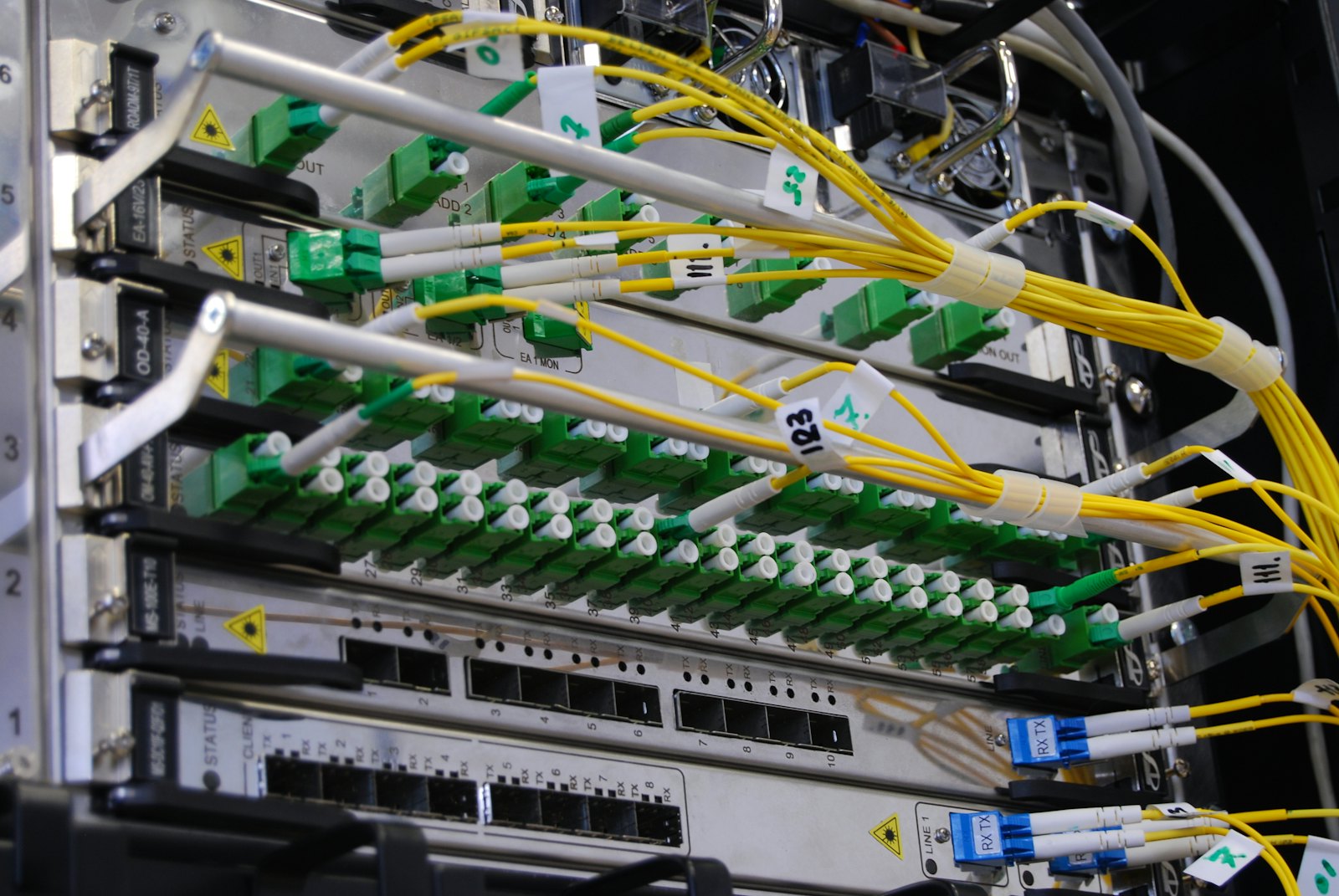 Fibre optic patch cords terminated in a rack