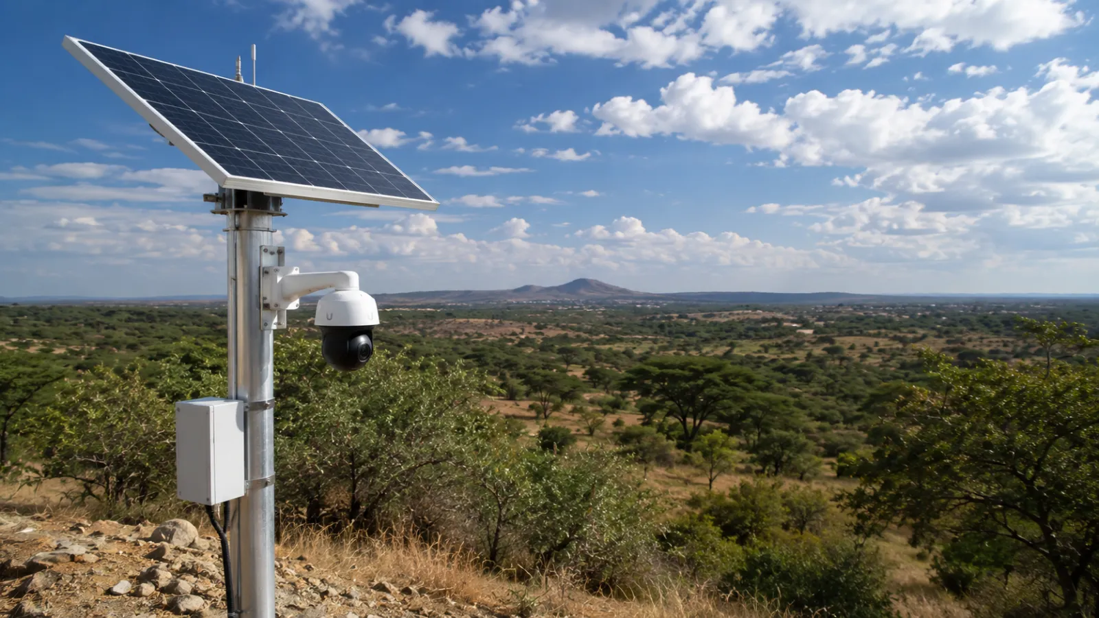 Solar-powered CCTV pole on a hillside