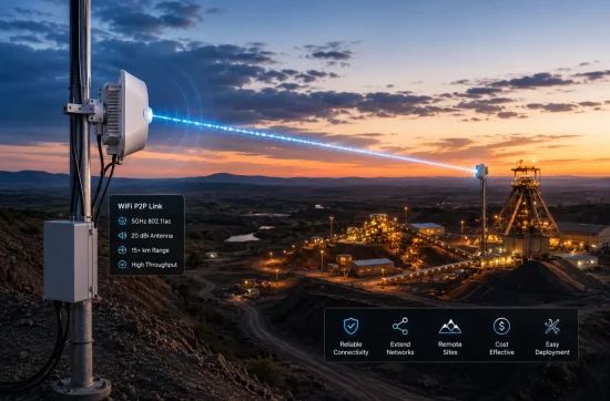 Wireless bridge linking a mine site at dusk