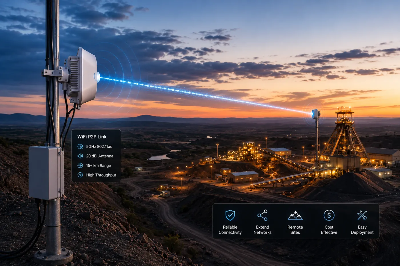 Wireless link overlooking a mine at dusk